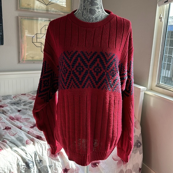 Eddie Bauer Vtg USA Made Medium Red Heavy Cotton Knit Fair Isle Pullover Sweater - Picture 9 of 9
